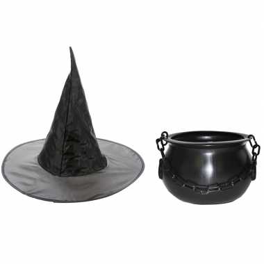 Heksen accessoires set hoed met ketel 25 cm voor meisjes