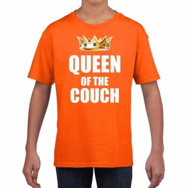 Koningsdag t shirt queen of the couch oranje voor meisjes