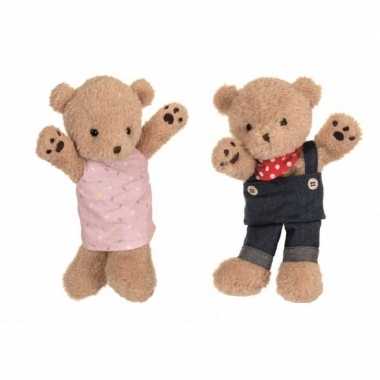 Meisjes 2x pluche bruine beren handpoppen knuffels 24 en 26 cm speelgoed