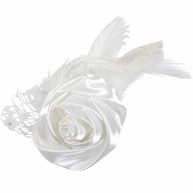 Meisjes 6x bruiloft/huwelijk corsages wit met roos en veren