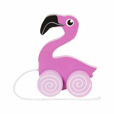 Meisjes flamingo houten trekdier 13 cm