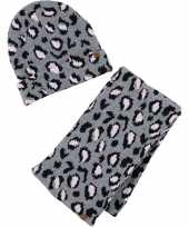 Grijze zwarte panterprint luipaardprint meisjes winter accessoires set muts sjaal