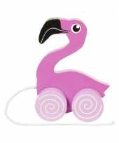 Meisjes flamingo houten trekdier 13 cm