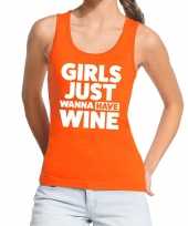 Meisjes girls just wanna have wine tekst tanktop mouwloos shirt oranje